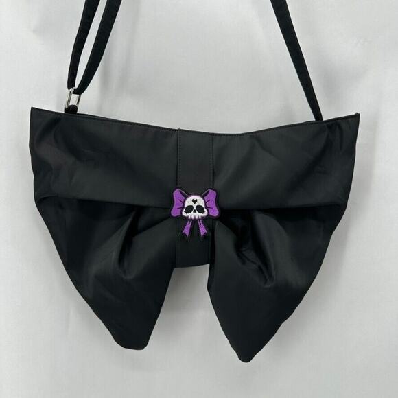Unbranded Goth Punk Crossbody Purse Black Nylon Skull Purple Bow Monster Emo - Picture 3 of 8